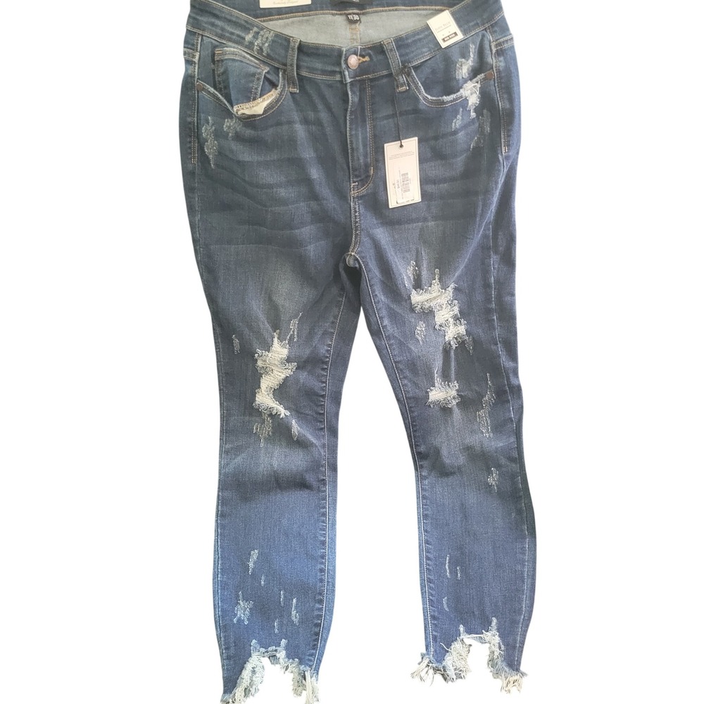Judy Blue Mid Rise Skinny Fit Distressed Frayed Hem Jeans Blue 11/30 NWT
